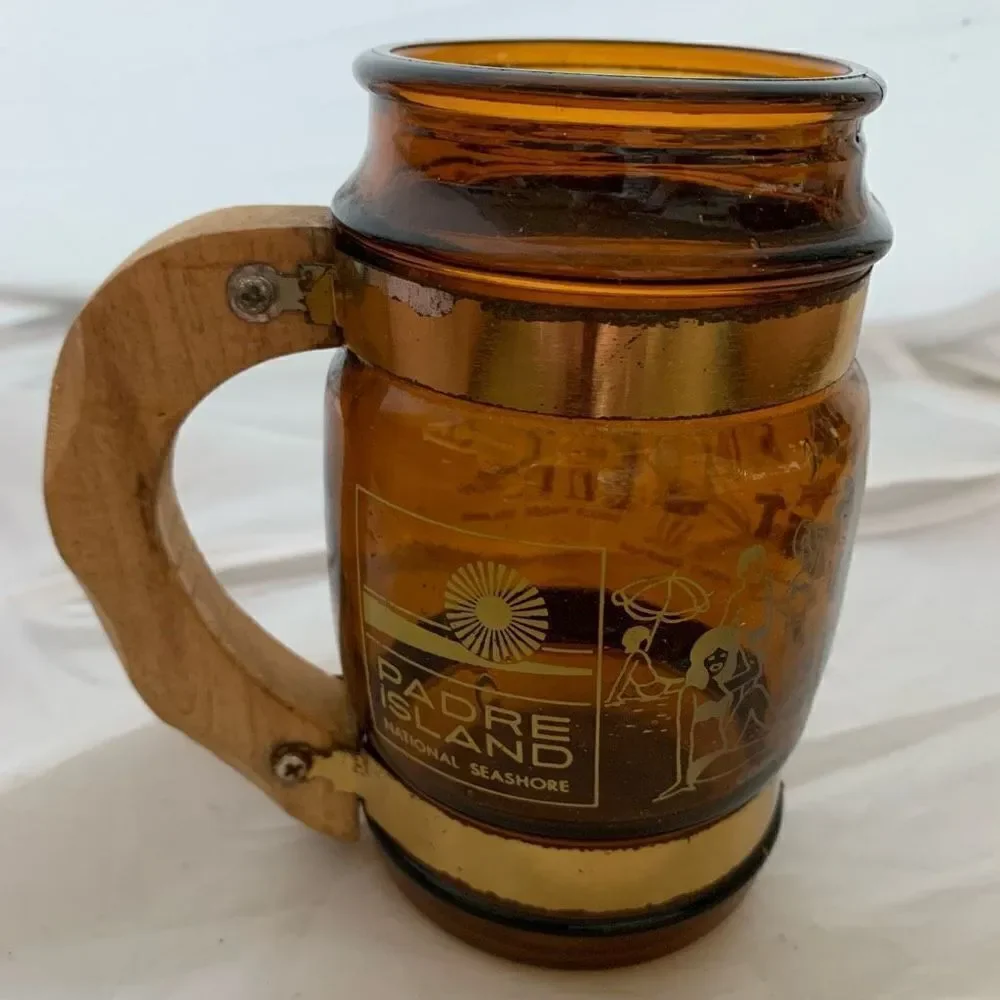 Vintage Texas Gulf Coast Souvenir Brown Glass Mug Wood Handle